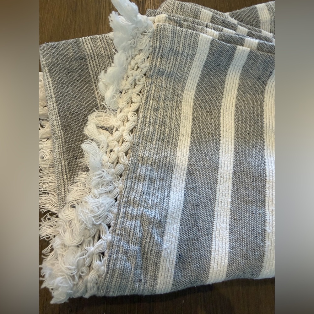 Striped Gray and White Crocheted Table Runner - Minimalist Modern